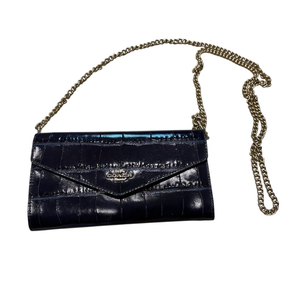 Coach‎ Navy Blue Croc Embossed Leather Crossbody Clutch Wallet On Chain WOC